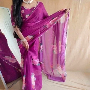 Bollywood Designer Printed Saree with Pearl Lace Border, Indian Saree, Party Bollywood Designer Saree for Women