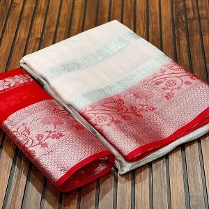 Soft Organza Fabric With Silver Jaquard Weaving Border