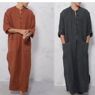 Middle East Muslim Robe Men Jubba Thobe with Pocket Muslim Kaftan for Daily Wear